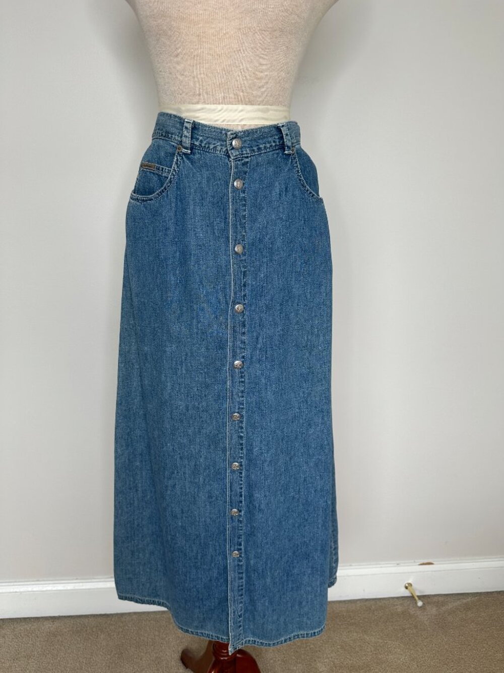 Calvin Klein Women's Vintage Denim Long Skirt Snap Button Skirt Size 12